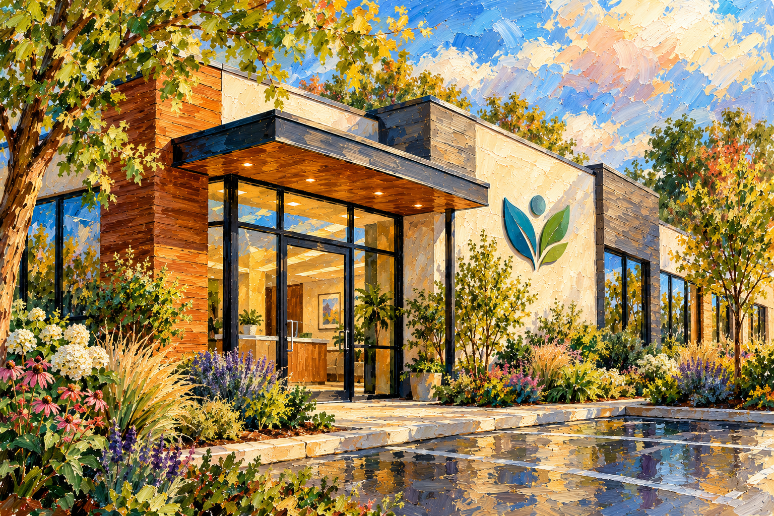 Painted view of a modern commercial building framed by trees and gardens