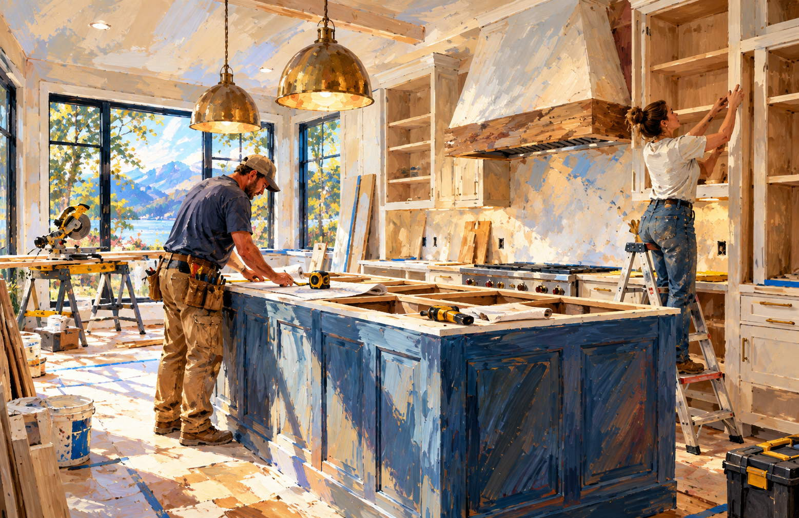Painted view of a sunlit kitchen with a blue island, brass pendant lights and a vase of flowers