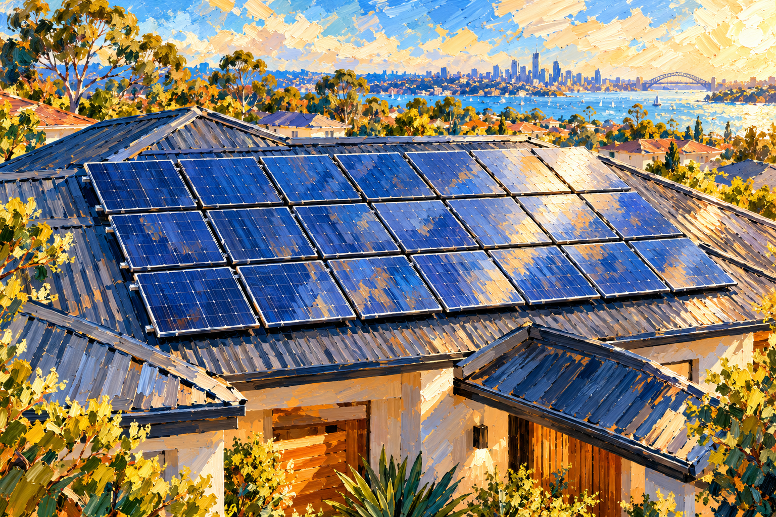 Painted view of solar panels on a house roof with a city skyline behind